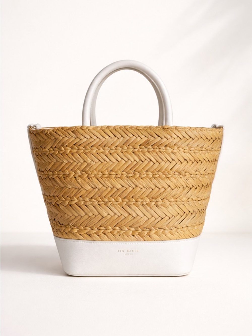 Ted Baker Straw & White Mini Tote Summer Woven Basket Bag
White Trim and Handles